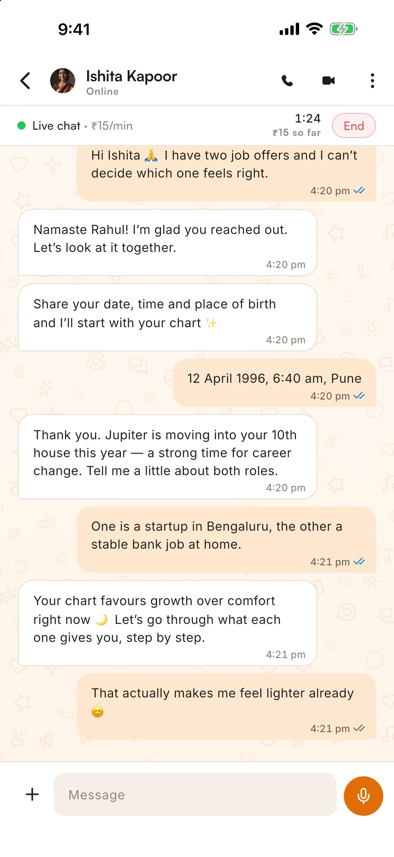 A live chat in the TalkWith app: the meter shows the rate, the time and what has been charged so far.