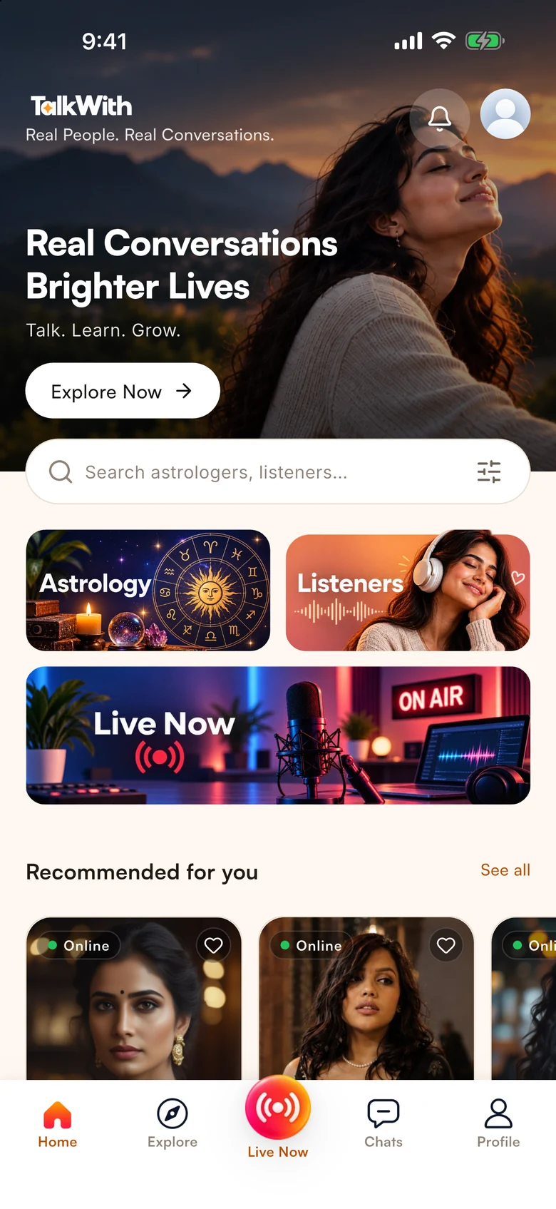 The TalkWith home screen: categories for astrology, listeners and live sessions, and people recommended for you.