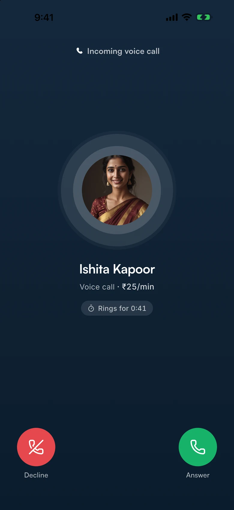 An incoming call-back from an astrologer, showing the rate before you answer.